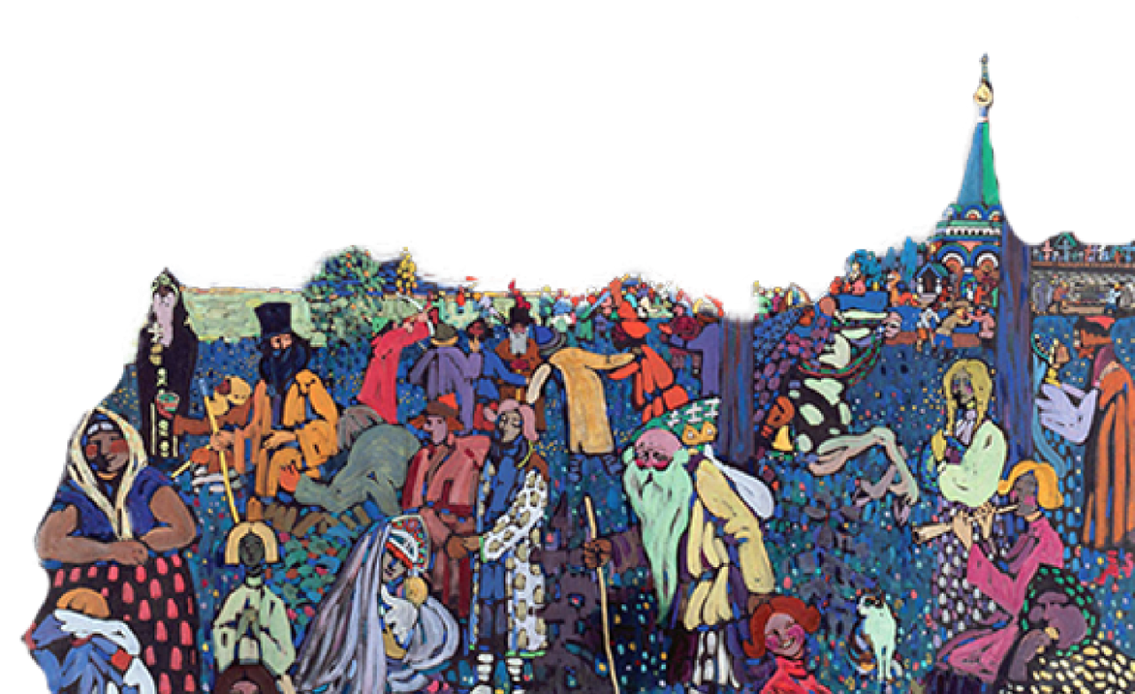 Wassily Kandinsky (Russian, 1866-1944). A Motley Life (Das Bunte Leben), 1907. Tempera on canvas. 51 1/8 x 63 15/16 in. (130 x 162.5 cm). Bayerische Landesbank, on permanent loan to the Städtische Galerie im Lenbachhaus, Munich. Artist Rights Society (ARS)/Wikimedia Commons